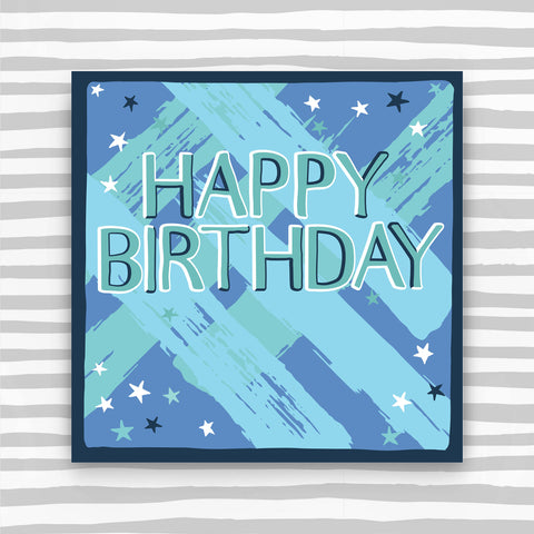 Happy Birthday - blue painted lines greeting card (HH55)